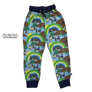 Smafolk 7-8Y Organic Blue Landscape Pants Sunshine Apples Rainbows Fishing